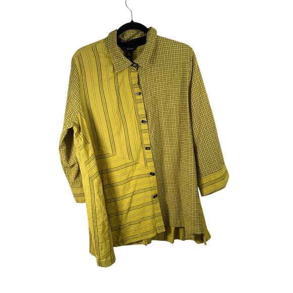 Ali Miles Yellow Striped Plaid Button Front Tunic Shirt Artsy Boho Work Women 1x - Picture 1 of 6